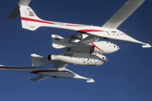 SpaceShipOne attached to White Knight, prior to separation and rocket powered flight into space.